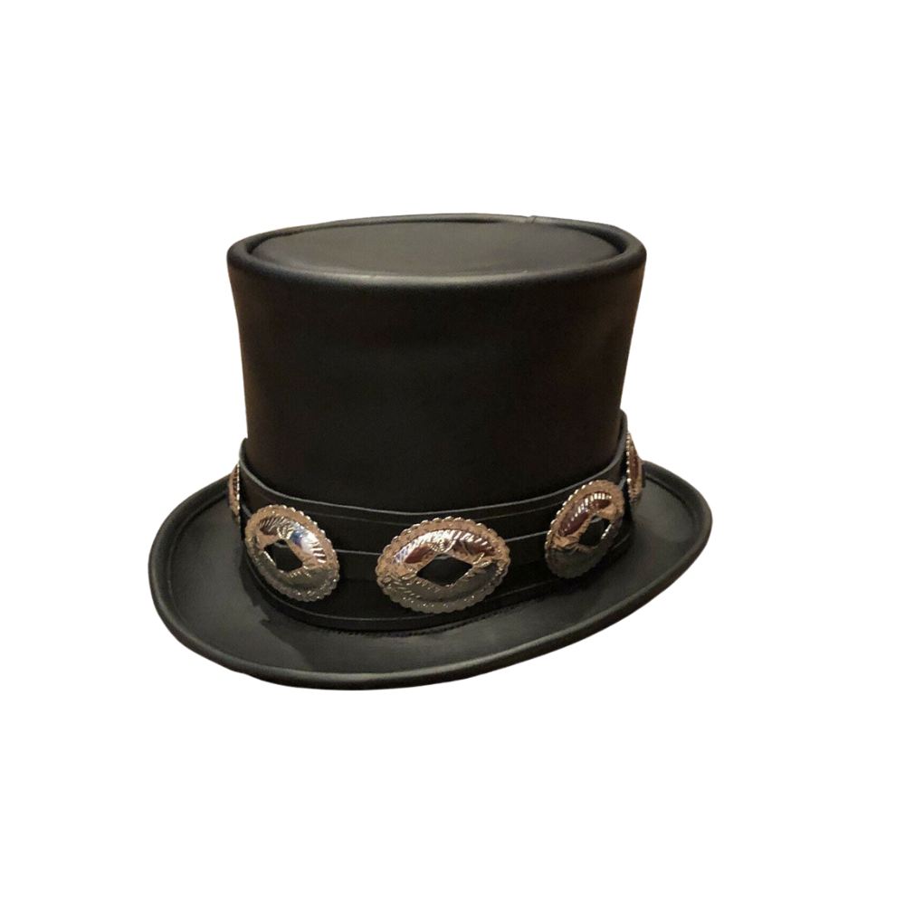 Black top hat with decorative band on a white background