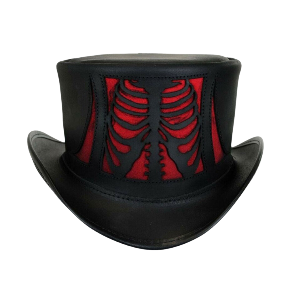 Black top hat with red skeleton design on a white background