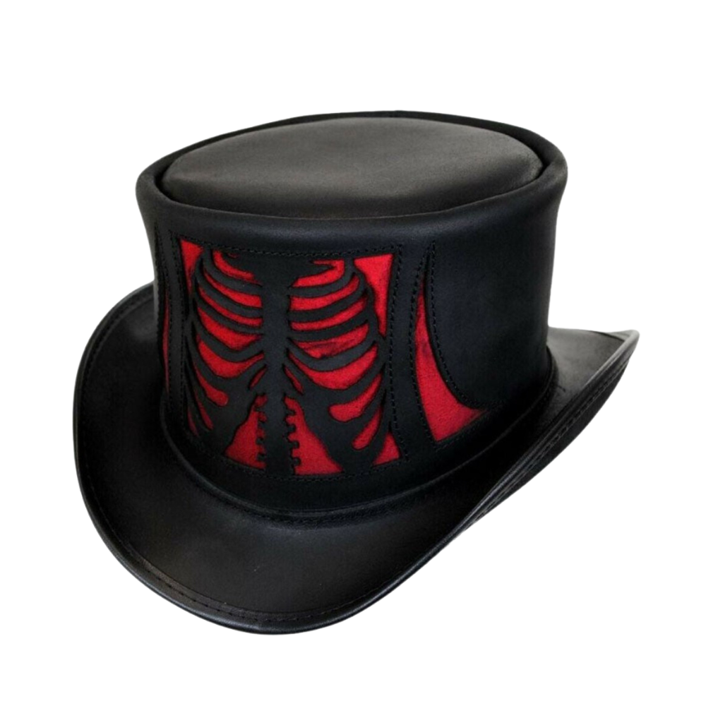 Black top hat with red skeleton design on a white background