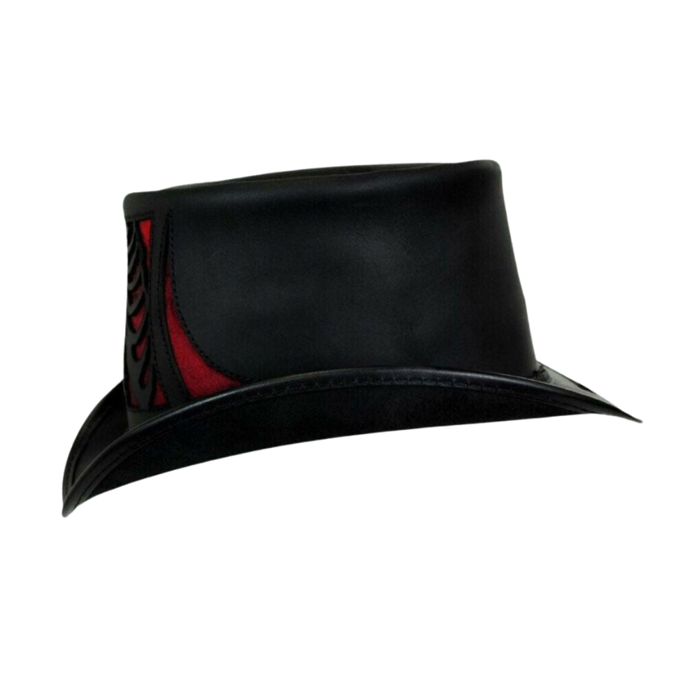 Black leather hat with red interior on a white background