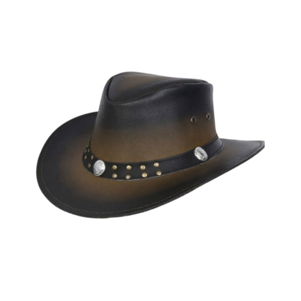 Black leather cowboy hat with a studded band on a white background