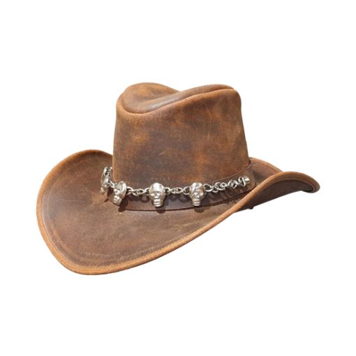 Brown leather cowboy hat with skull design on a white background