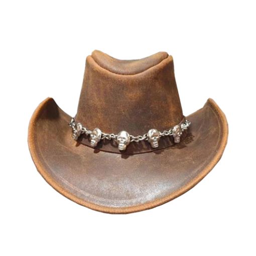 Brown leather cowboy hat with skull designs on a white background