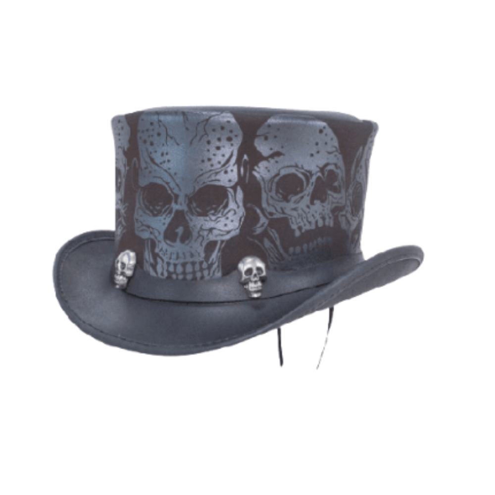 Black top hat with skull designs on a white background