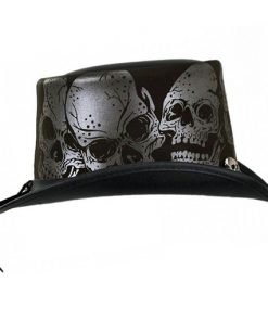 Skull-Embellished Black Leather Top Hat

