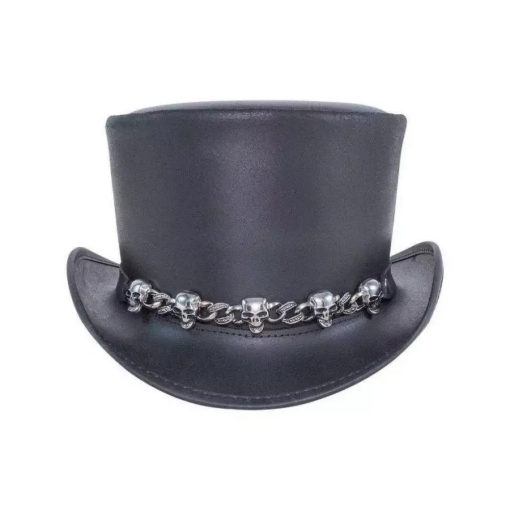 Black top hat with silver chain and skull decorations on a white background