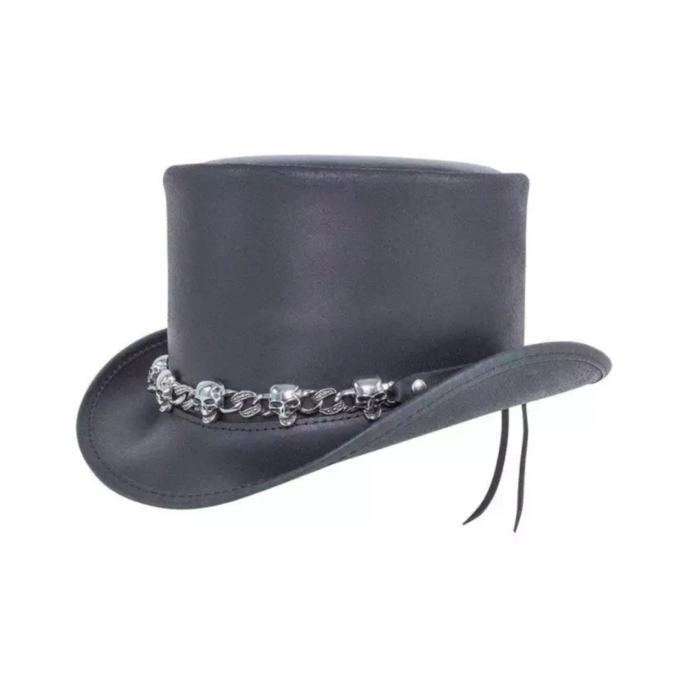 Dark gray cowboy hat with decorative band on a white background