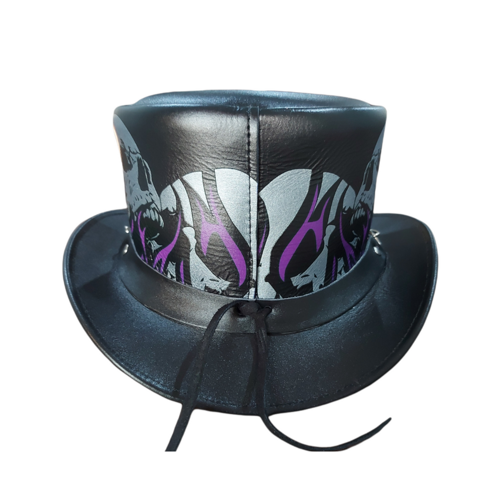 Black top hat with colorful design on a white background