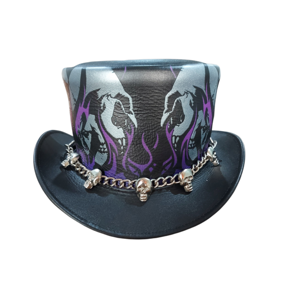 Black top hat with purple and white design and skull decorations on a white background