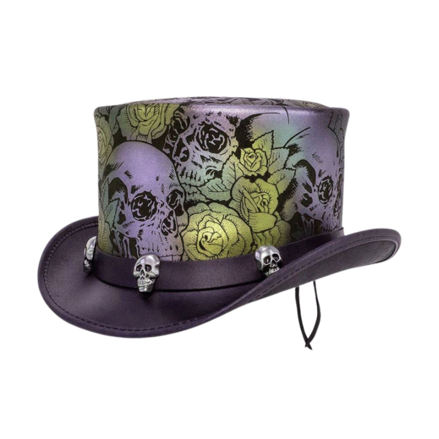 A purple top hat with a skull and rose pattern on the crown, featuring a matching purple band decorated with three silver skull ornaments and a hanging black cord.