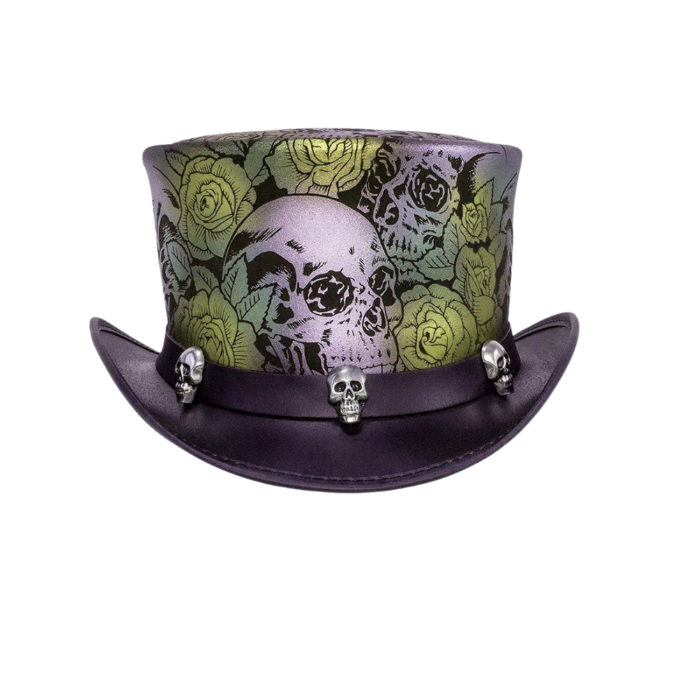 Top hat with skull and rose design on a white background