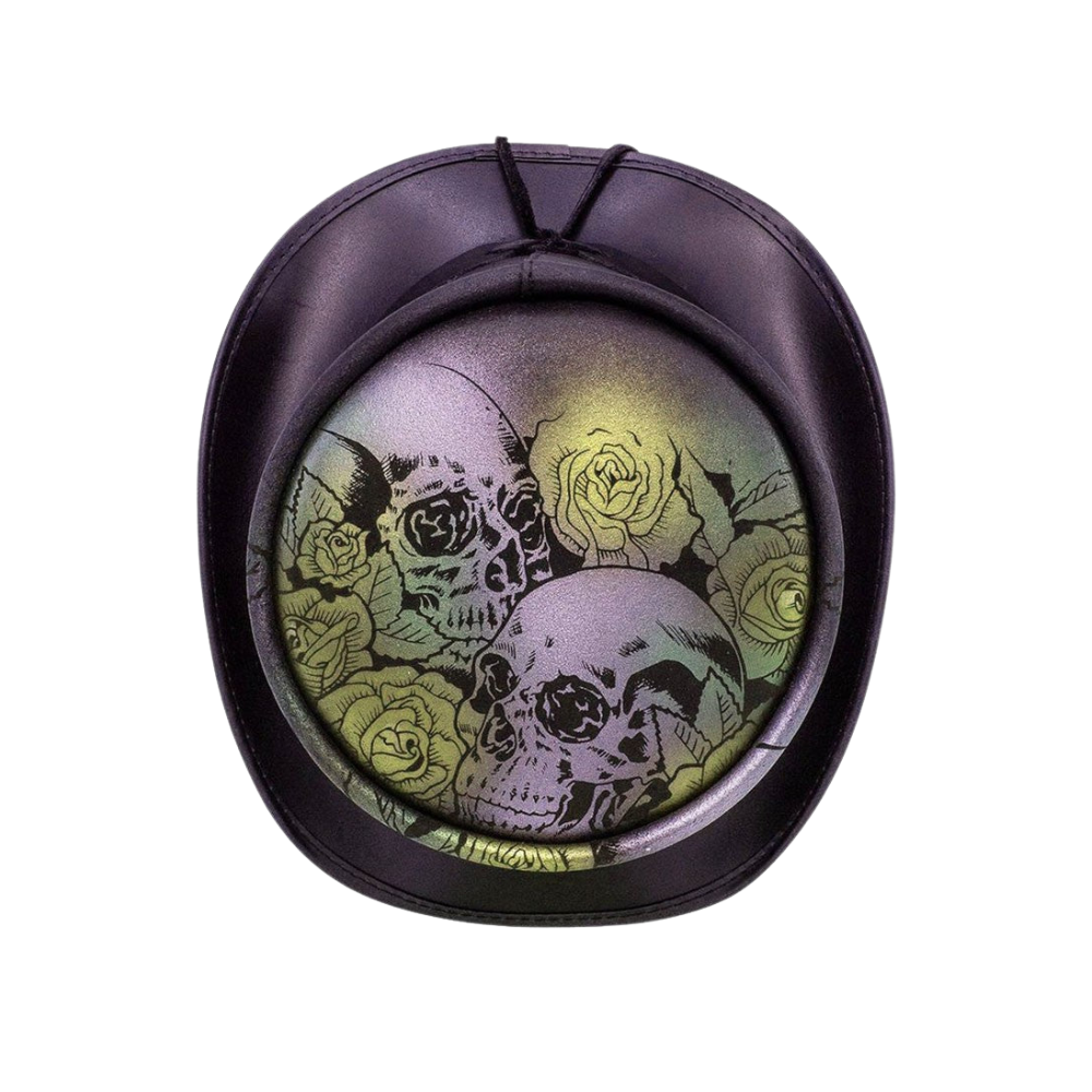 Round makeup compact with skull and rose design on a white background
