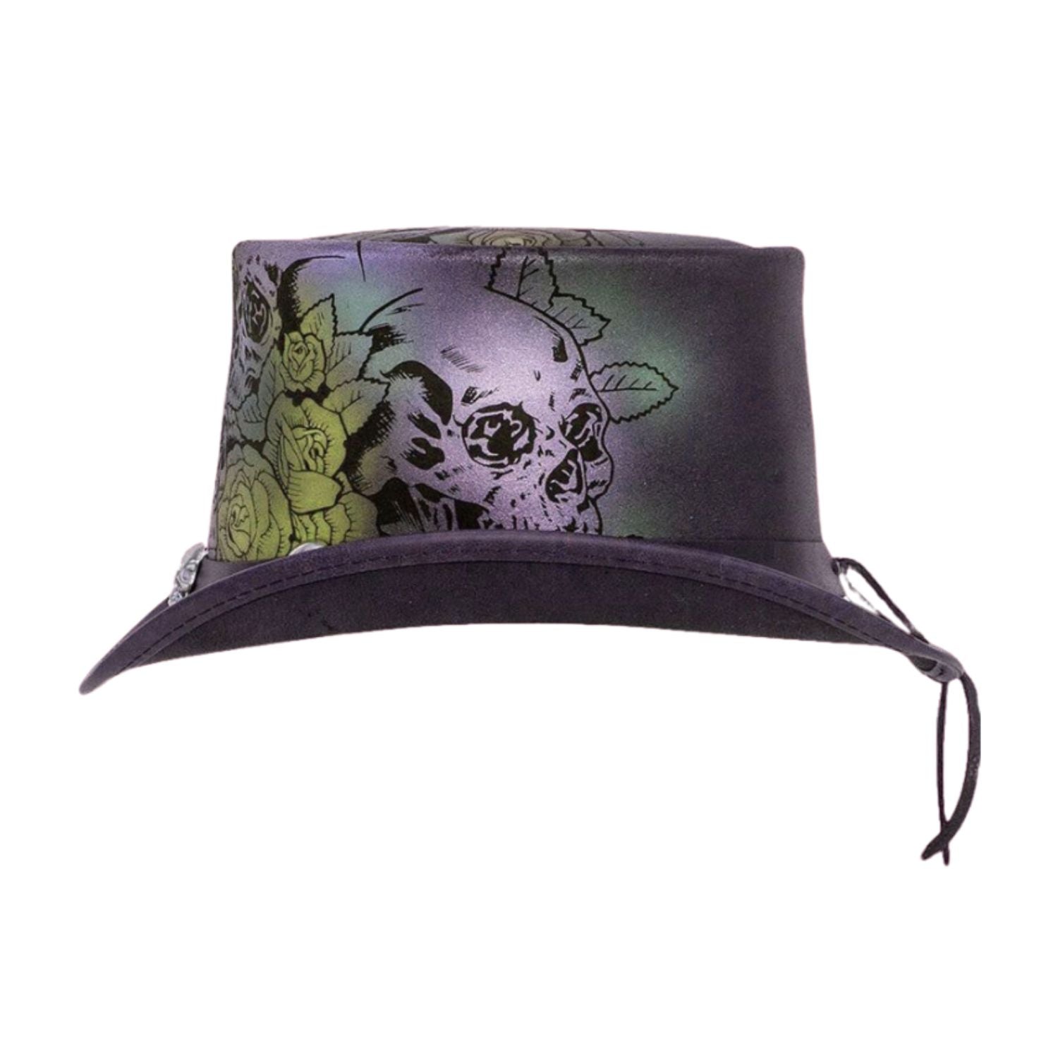 A dark purple cowboy hat featuring a printed graphic of a skull and roses on the front panel, with a matching dark brim and chin cord, shown against a plain white background.