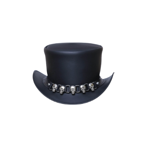 Black top hat with skull decorations on a white background
