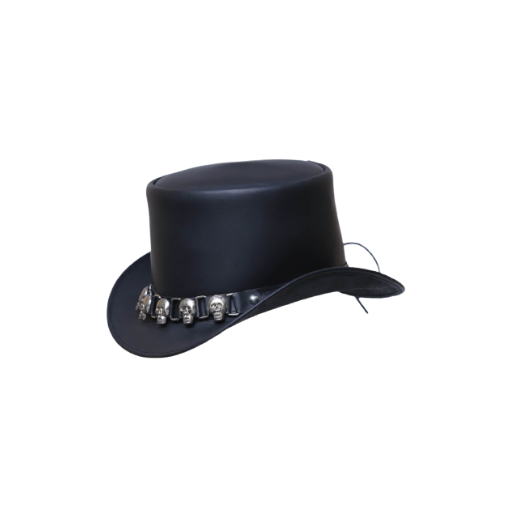 Black cowboy hat with silver skull decorations on a white background