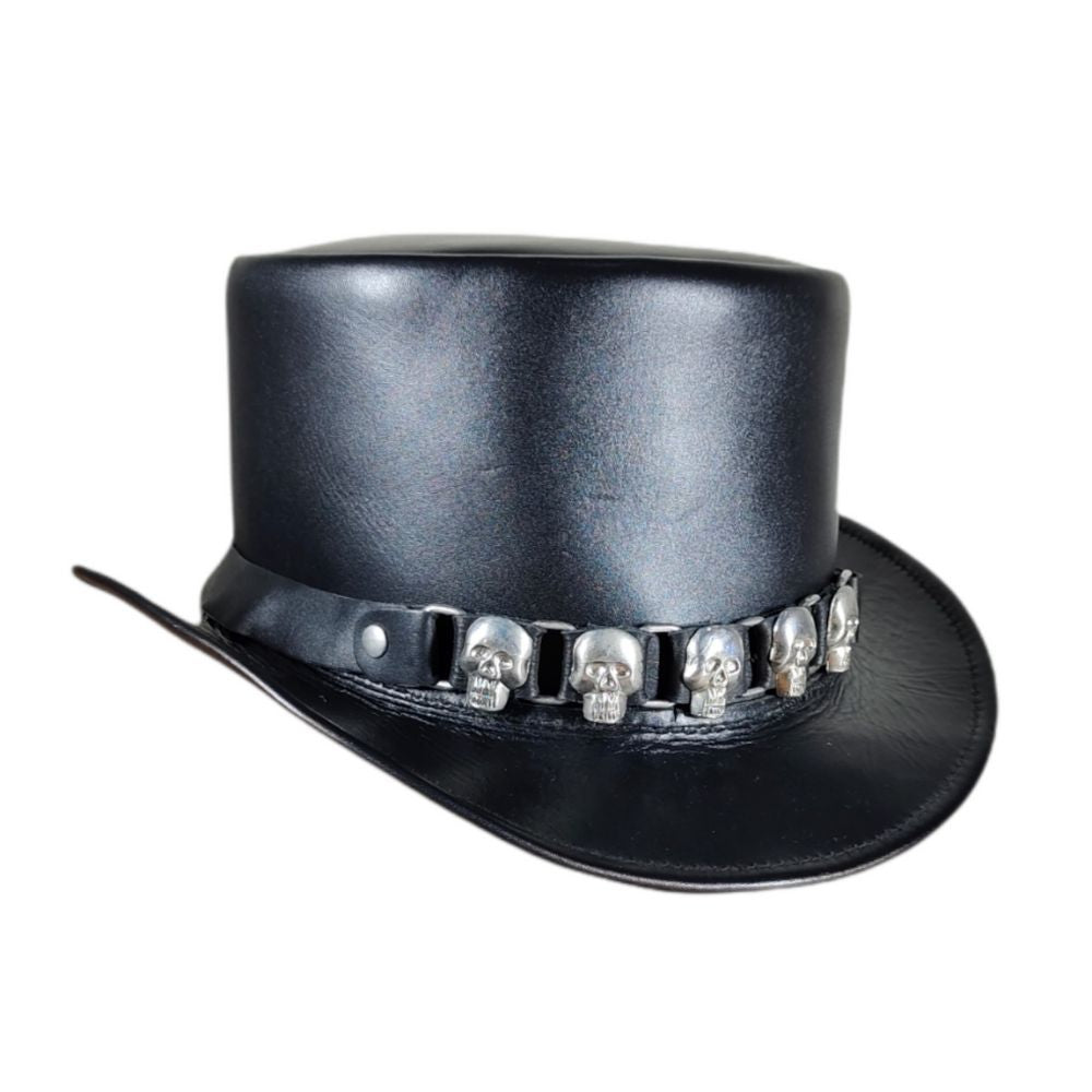 Skull leather top hat with metal accents.
