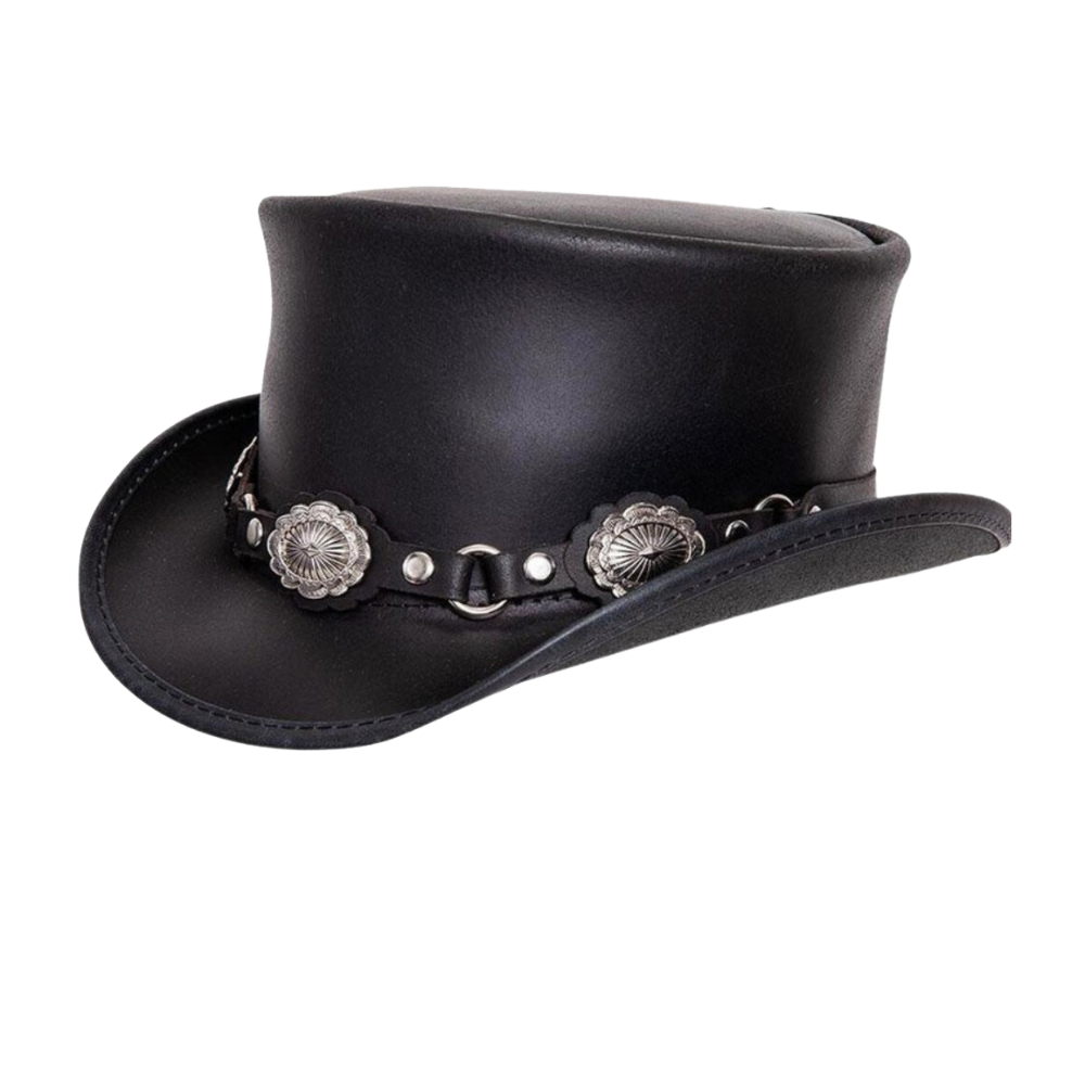 Black leather hat with silver concho details on a white background