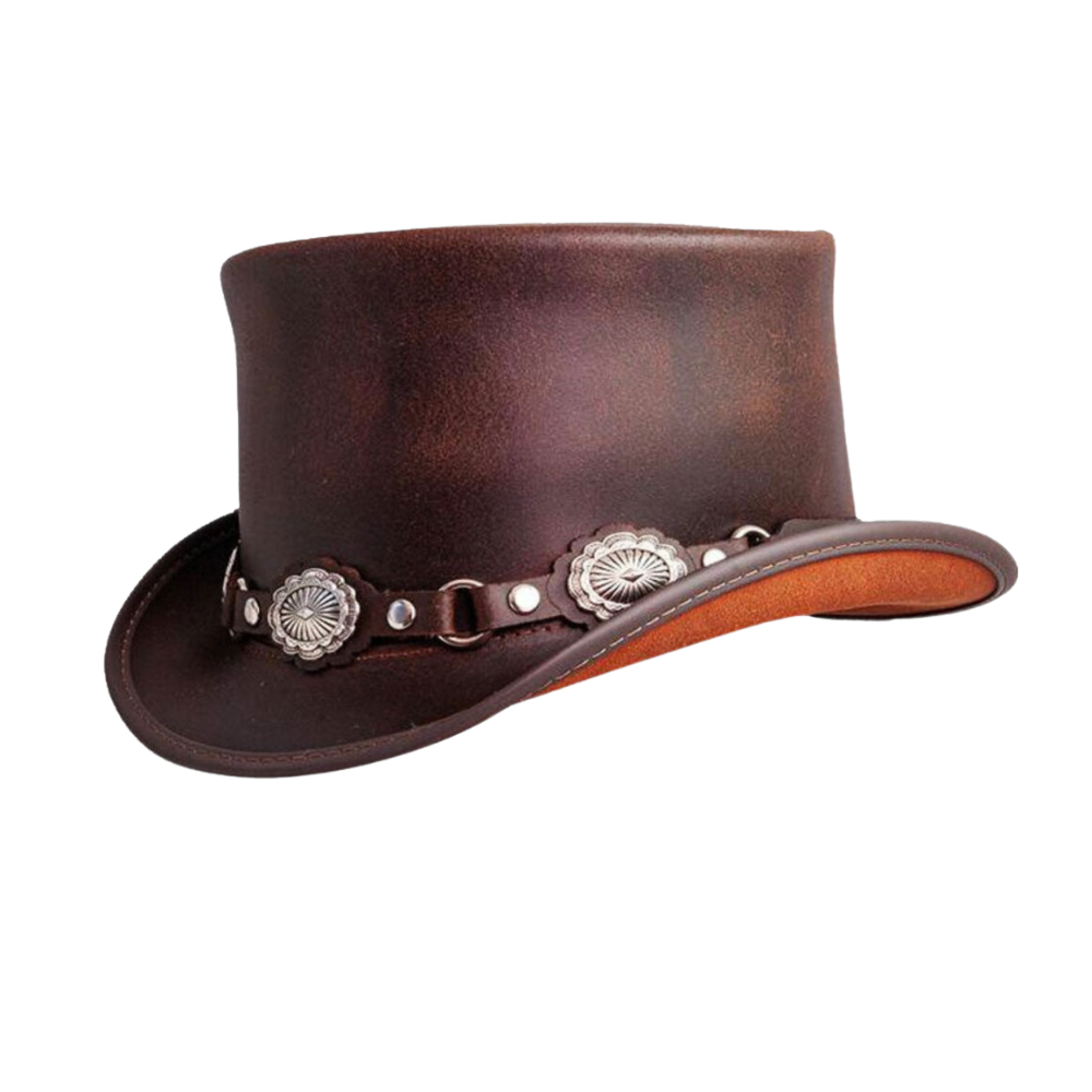 Brown leather cowboy hat with decorative band on a white background
