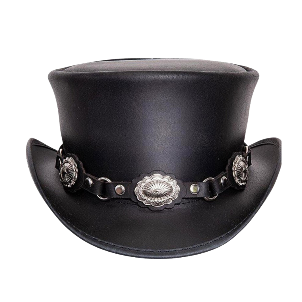 Black top hat with decorative band on a white background