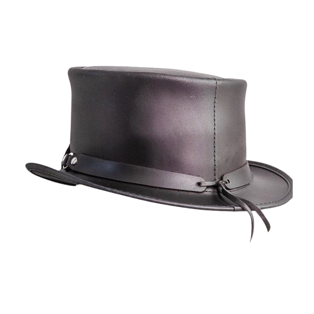 Black leather hat with a band on a white background