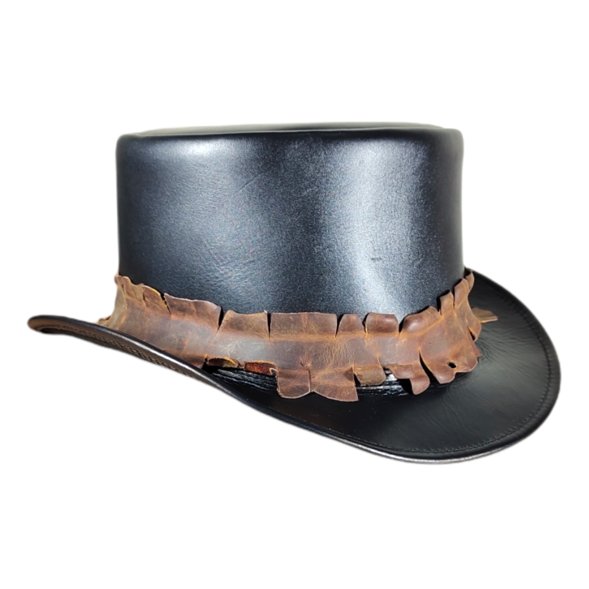 Steampunk-inspired leather top hat with brown accents
