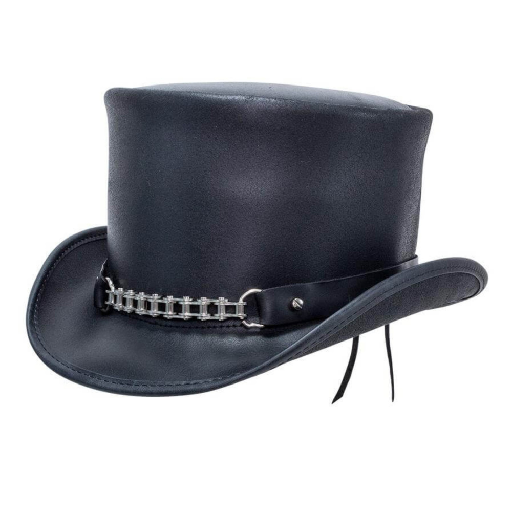 Steampunk-inspired motorbike chain leather top hat
