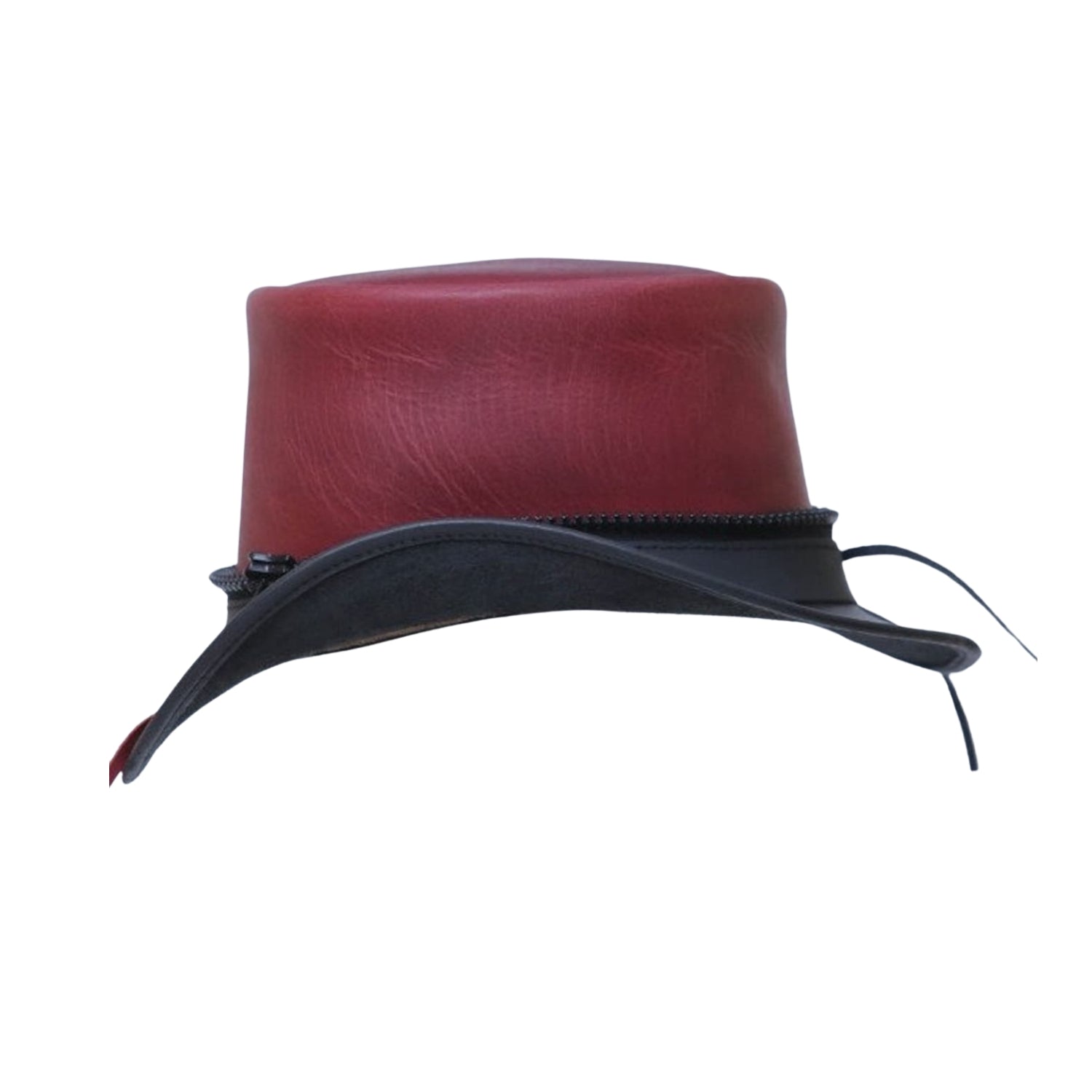 Steampunk-inspired reddish maroon leather hat
