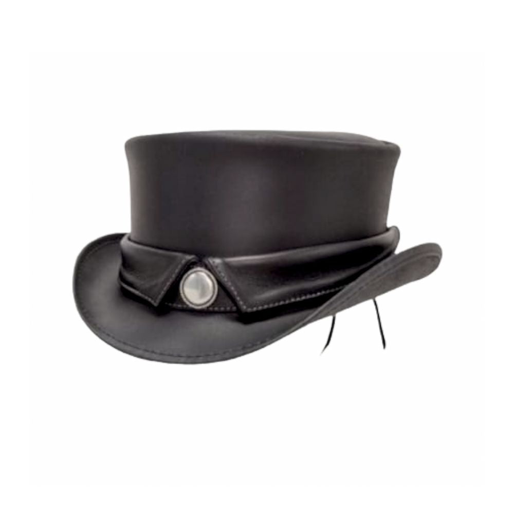 Steampunk-style leather top hat with collar band

