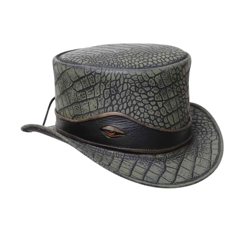 Patterned hat with leather band on a white background