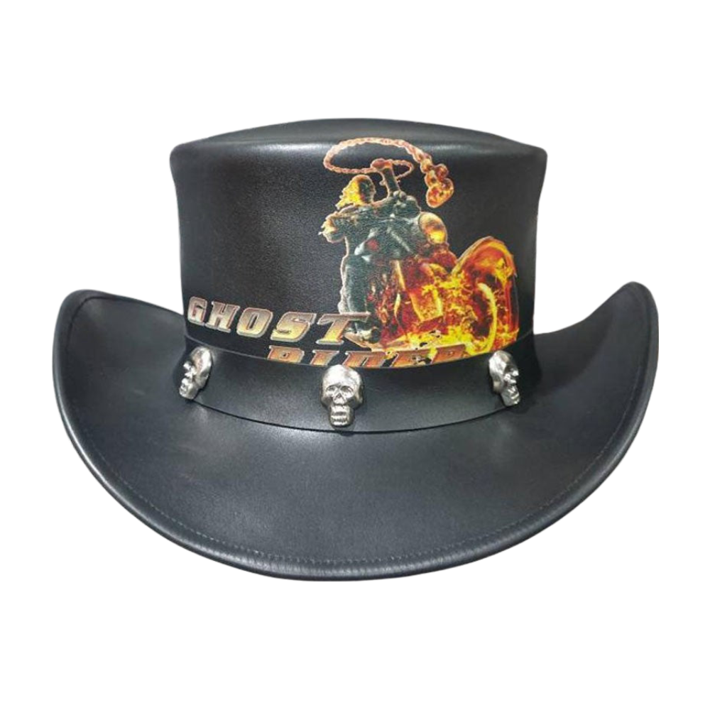 Black leather top hat with graphic design and 'Ghost' text on a white background
