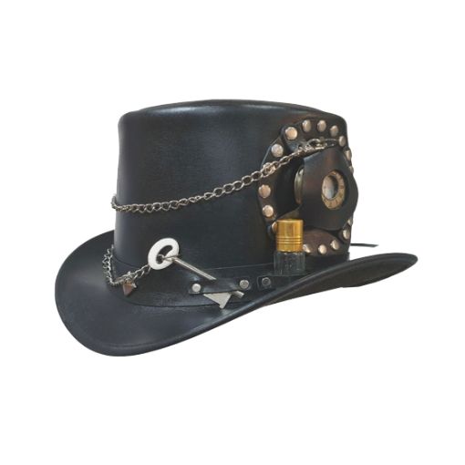 Black leather hat with decorative elements on a white background