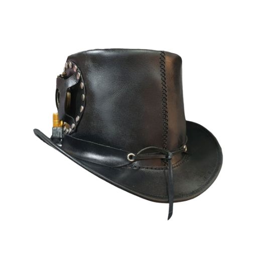 Black leather top hat with decorative elements on a white background