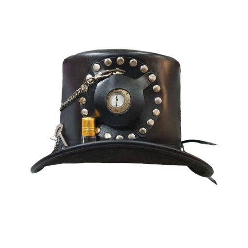 Black top hat with clock and chain on a white background