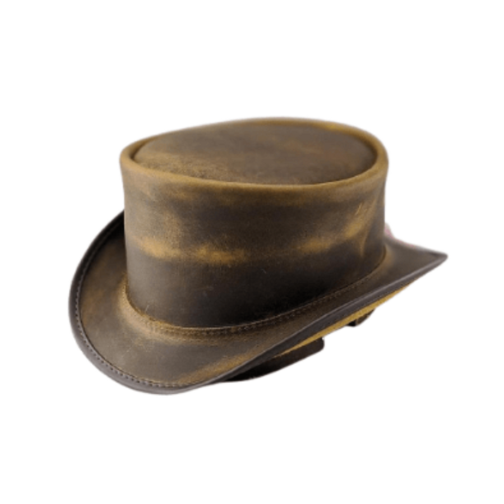 Brown leather top hat on a white background