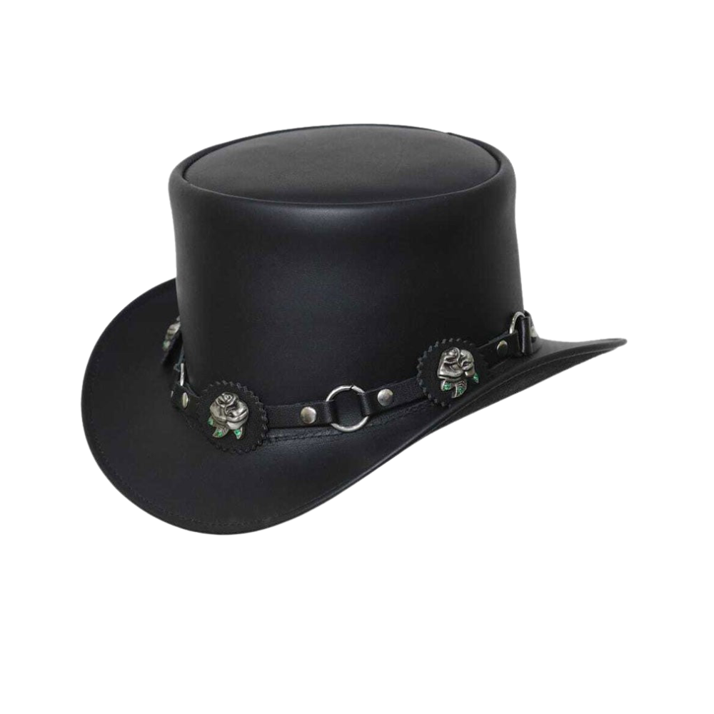 Black leather hat with decorative band and roses on a white background