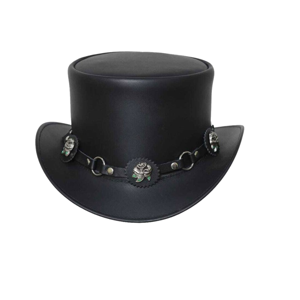 Black leather hat with decorative band and rosettes on a white background