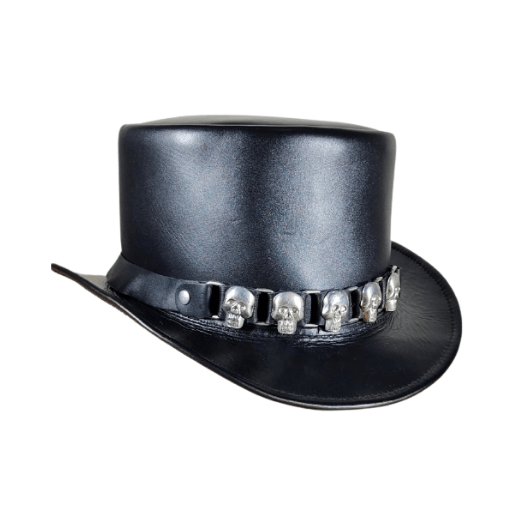 Black leather top hat with skull decorations on a white background