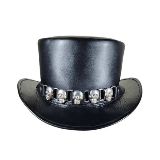 Black top hat with skull decorations on a white background
