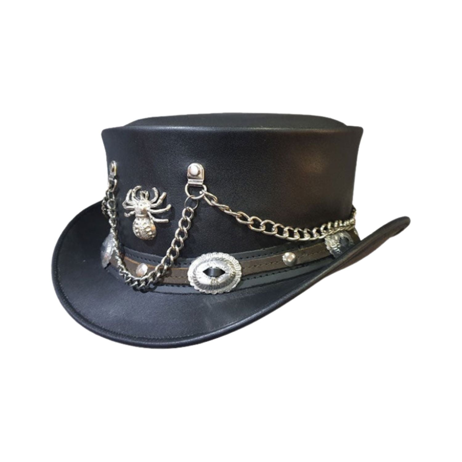 Black leather top hat with silver chain, spider charm, and decorative metal accents on a white background.