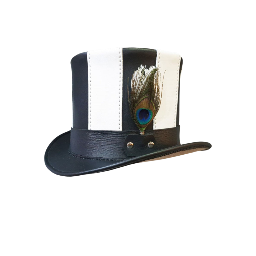 Black and white top hat with a peacock feather on a white background