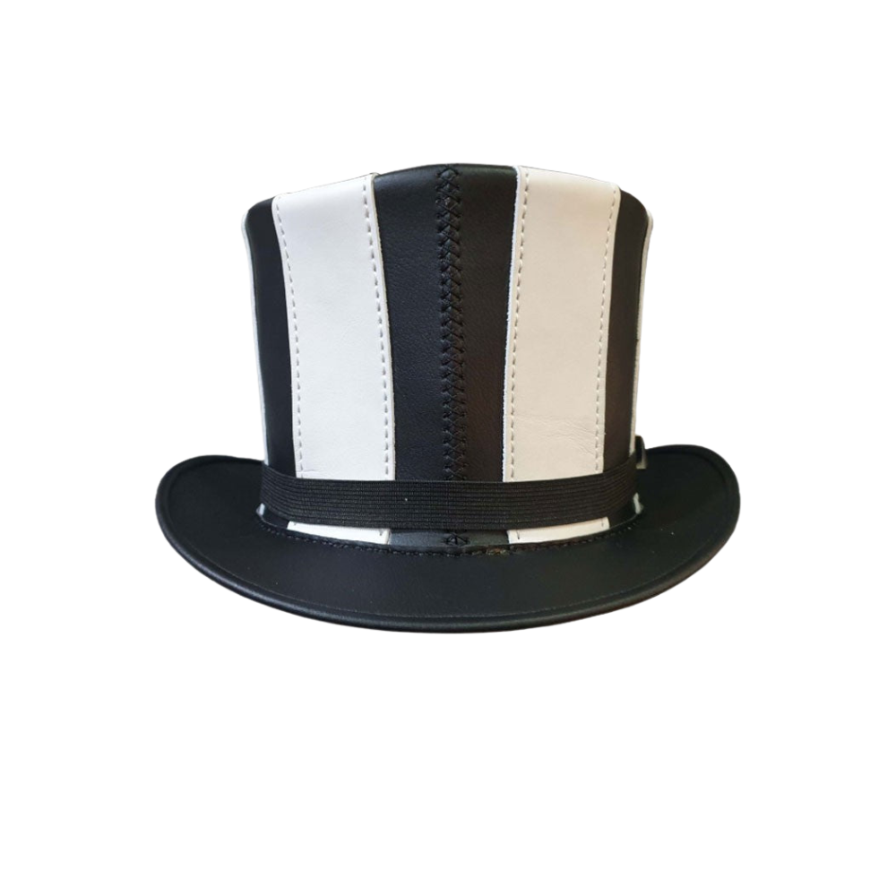 Black and white striped top hat on a white background