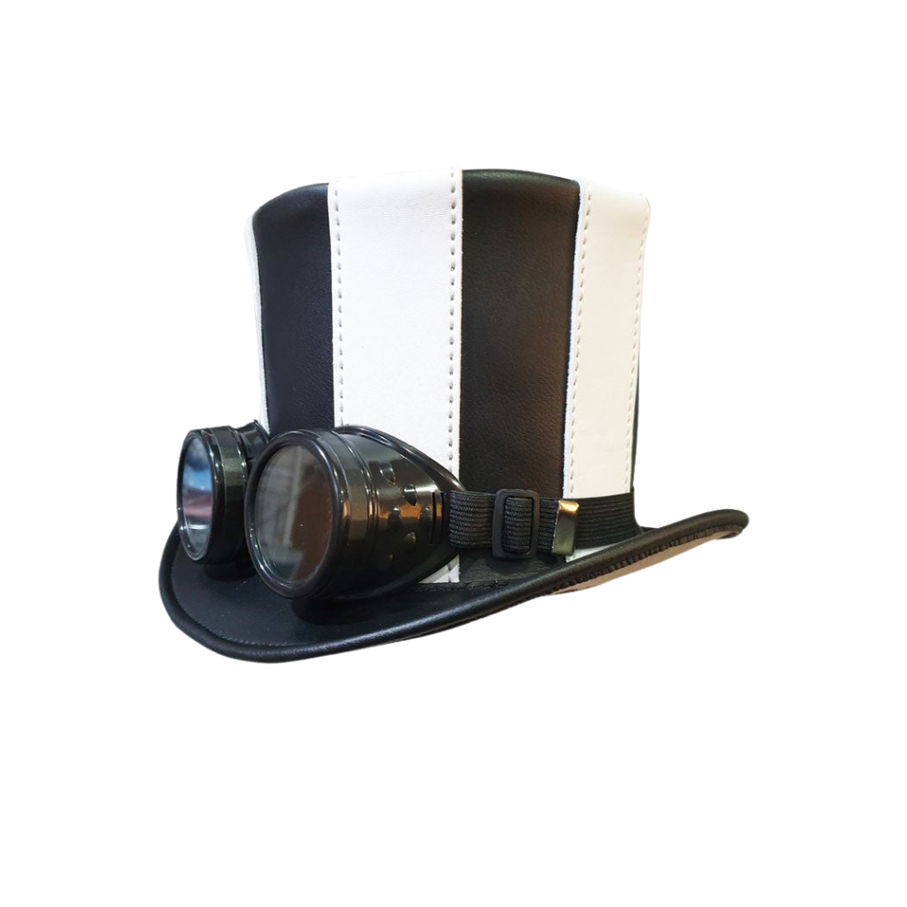 Steampunk-style goggles with a top hat on a white background
