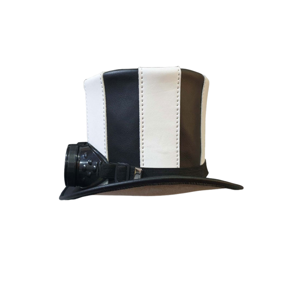 Black and white striped top hat with a camera lens on a white background