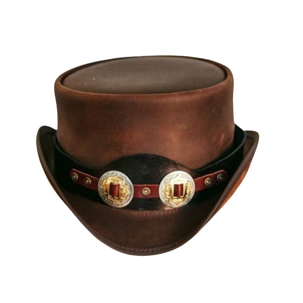 Steampunk brown leather top hat with conchos.