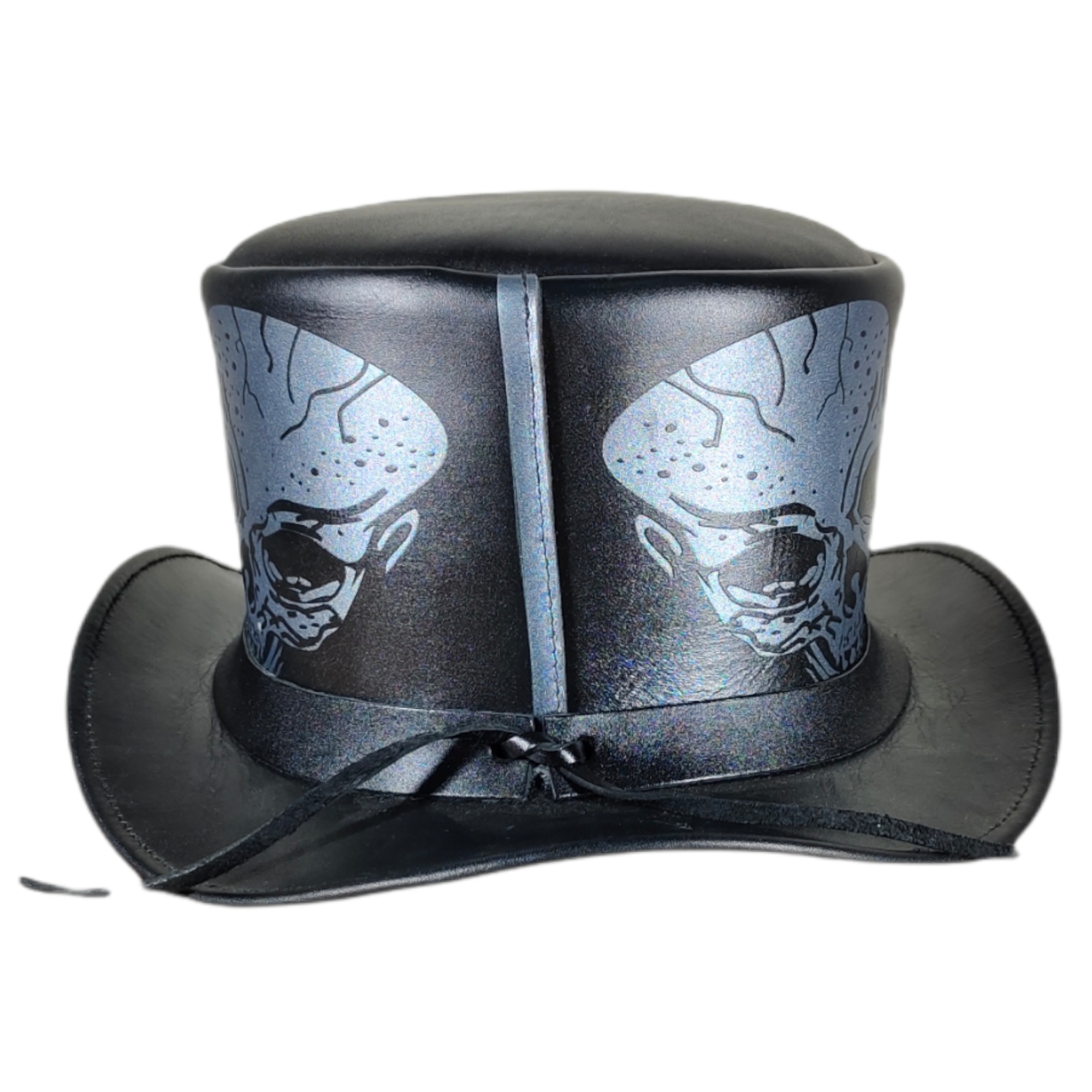 Steampunk leather top hat featuring skull accents
