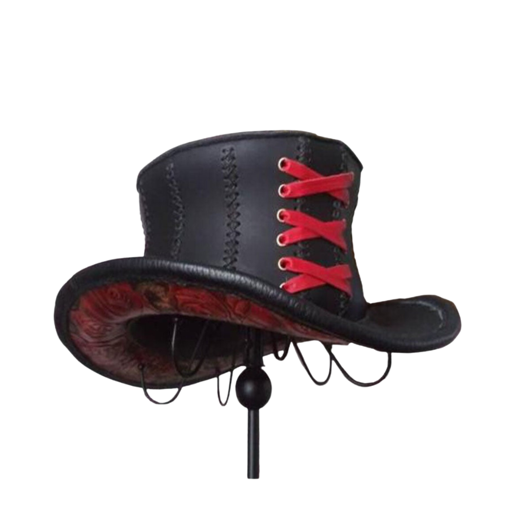Steampunk leather top hat with intricate design
