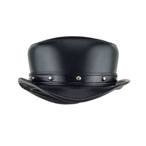 Black leather hat with metal studs on a white background