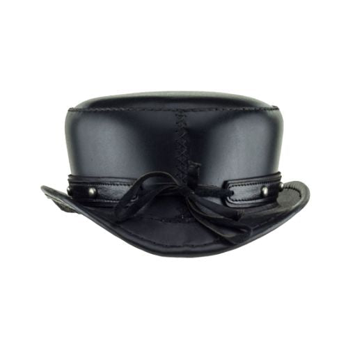 Black leather hat with a bow on a white background
