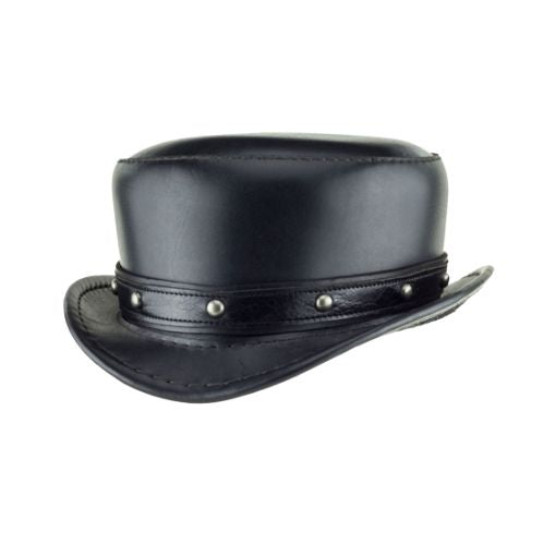 Black leather hat with studded details on a white background