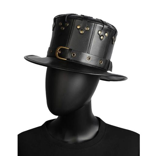 Black leather top hat with gold accents on a mannequin head against a white background